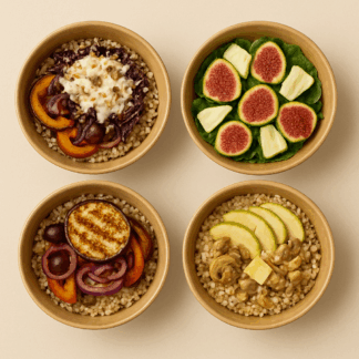 Bowl zucca e peperoni grigliati, lenticchie, olive e capperi